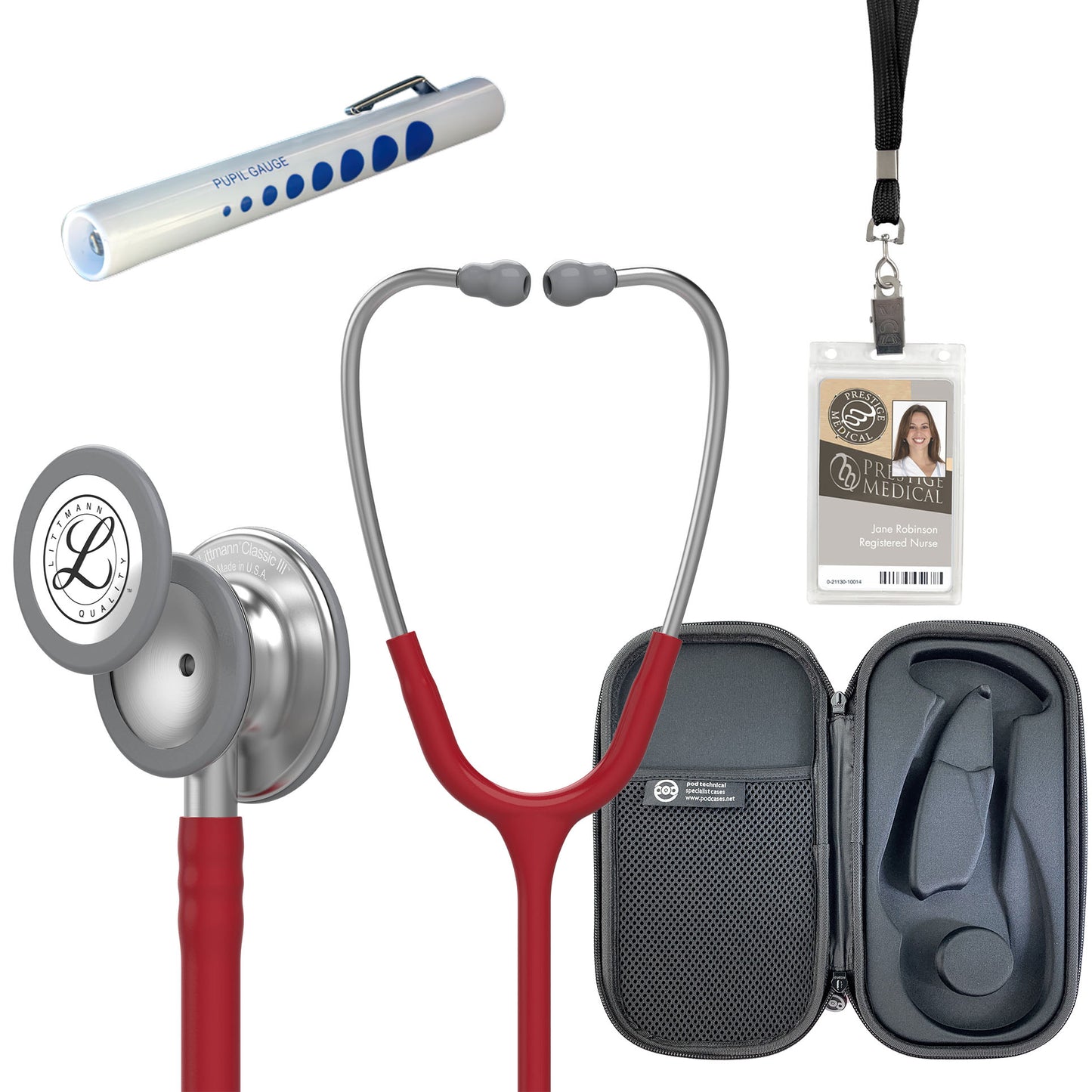 Pre Clinical Kit - Littmann Classic III Stethoscope, All Black Pod Technical Stethoscope Case, Disposable Pen Light & ID Holder