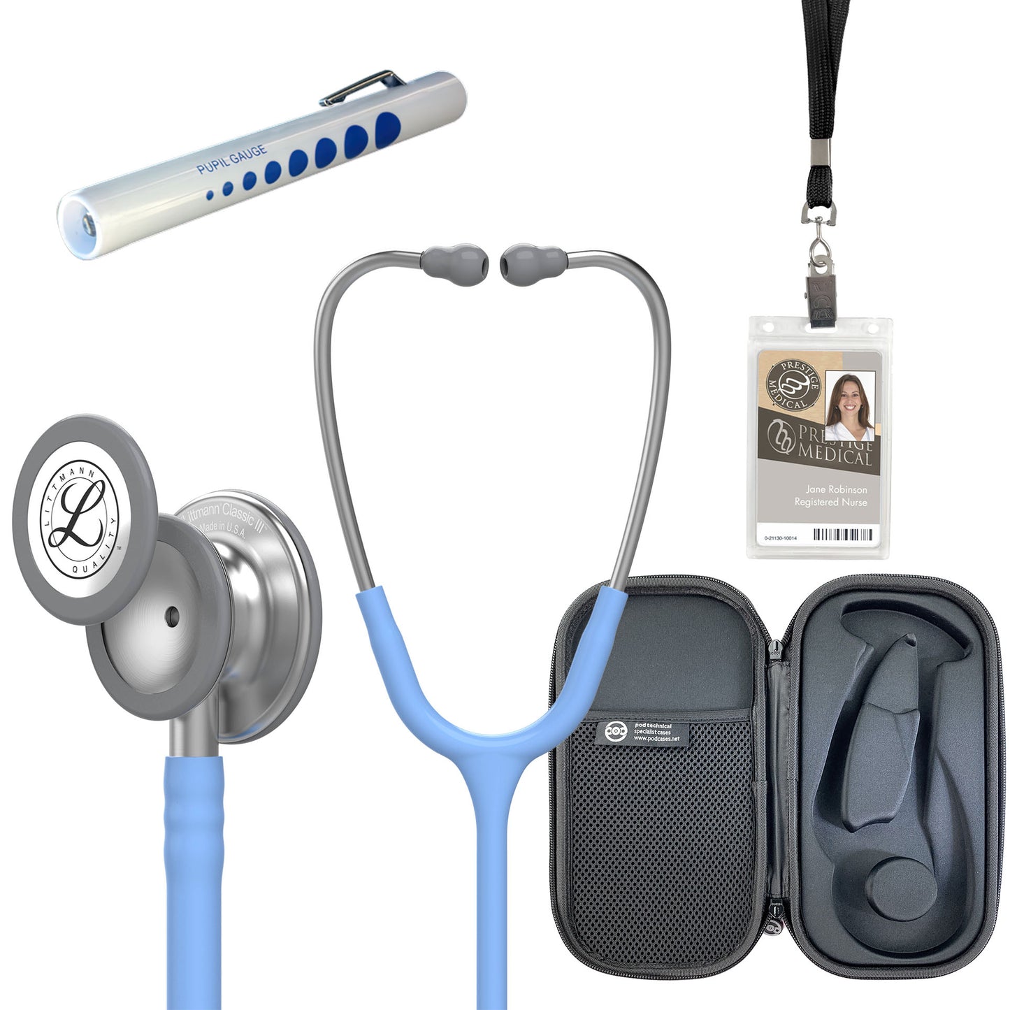 Pre Clinical Kit - Littmann Classic III Stethoscope, All Black Pod Technical Stethoscope Case, Disposable Pen Light & ID Holder