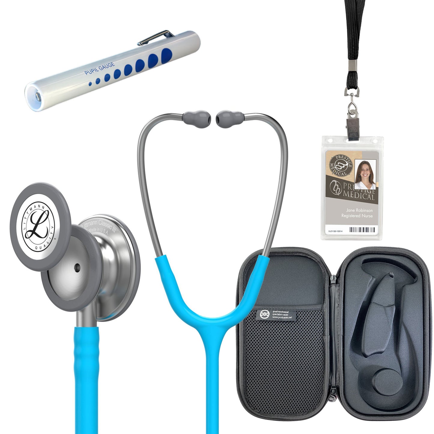 Pre Clinical Kit - Littmann Classic III Stethoscope, All Black Pod Technical Stethoscope Case, Disposable Pen Light & ID Holder