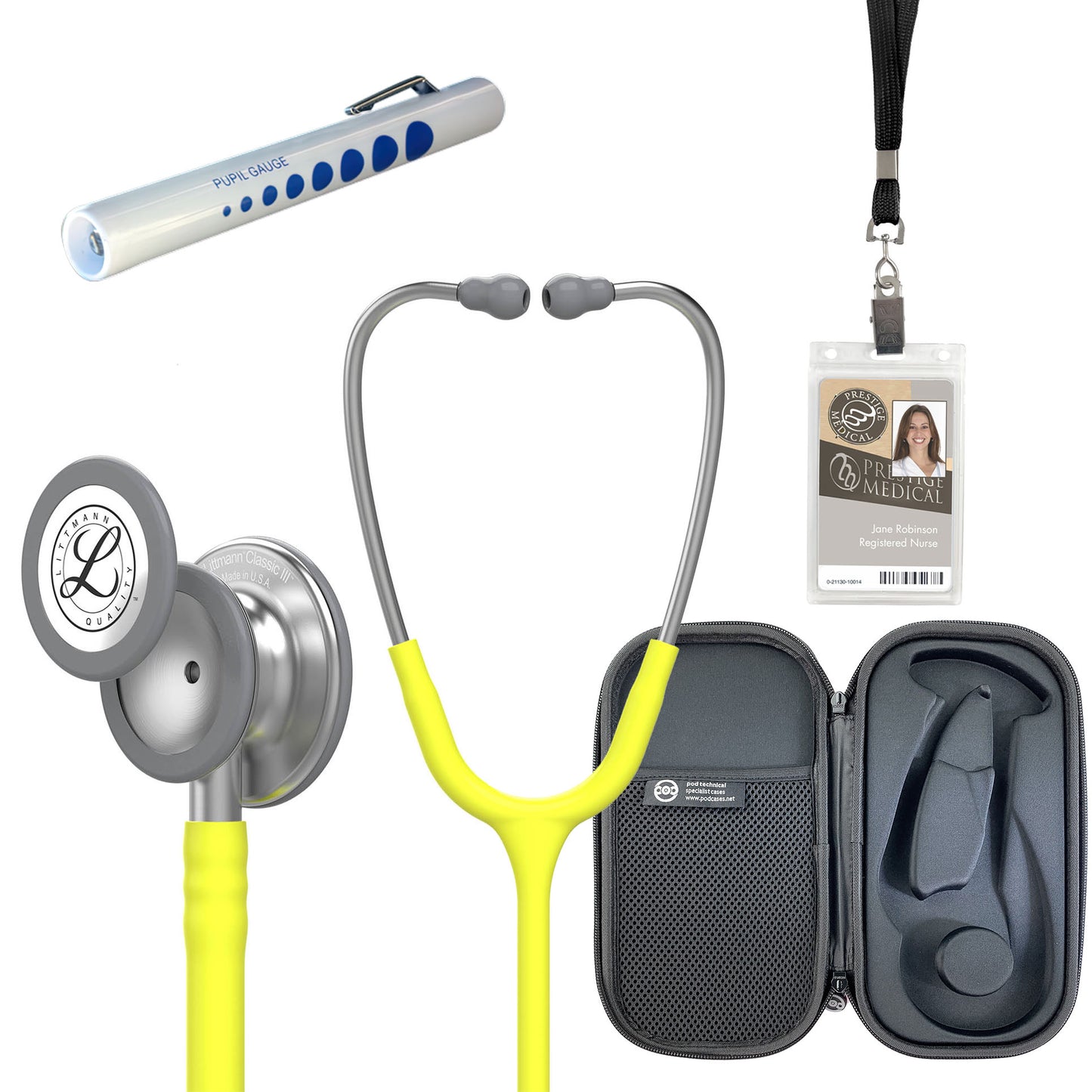 Pre Clinical Kit - Littmann Classic III Stethoscope, All Black Pod Technical Stethoscope Case, Disposable Pen Light & ID Holder