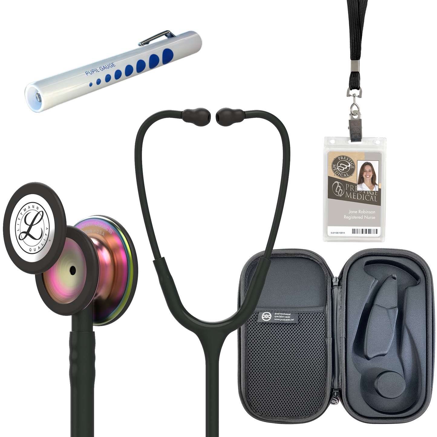 Pre Clinical Kit - Littmann Classic III Stethoscope, All Black Pod Technical Stethoscope Case, Disposable Pen Light & ID Holder