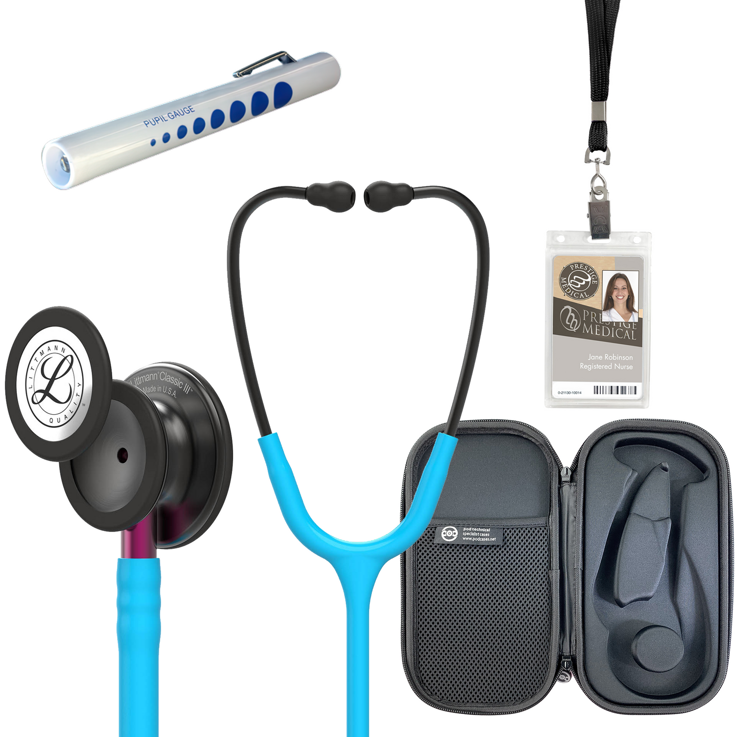 Pre Clinical Kit - Littmann Classic III Stethoscope, All Black Pod Technical Stethoscope Case, Disposable Pen Light & ID Holder