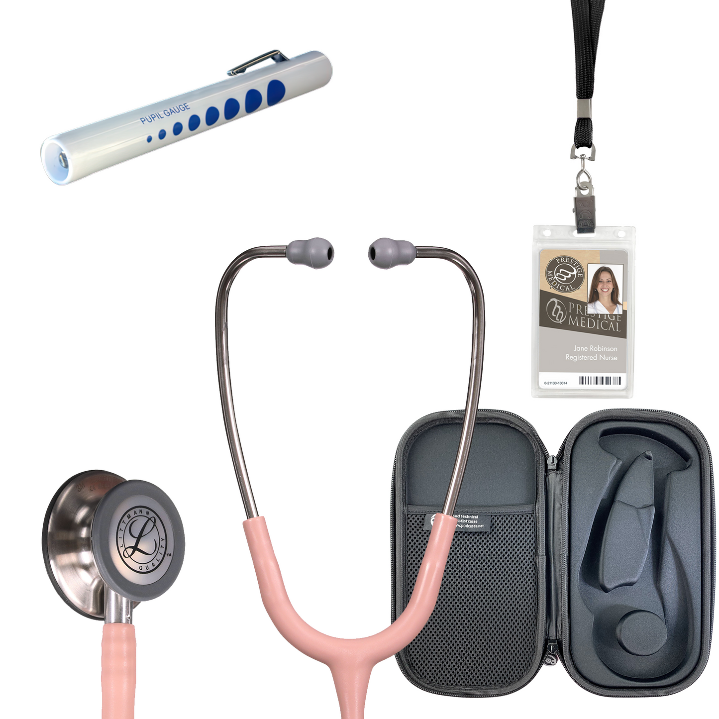 Pre Clinical Kit - Littmann Classic III Stethoscope, All Black Pod Technical Stethoscope Case, Disposable Pen Light & ID Holder