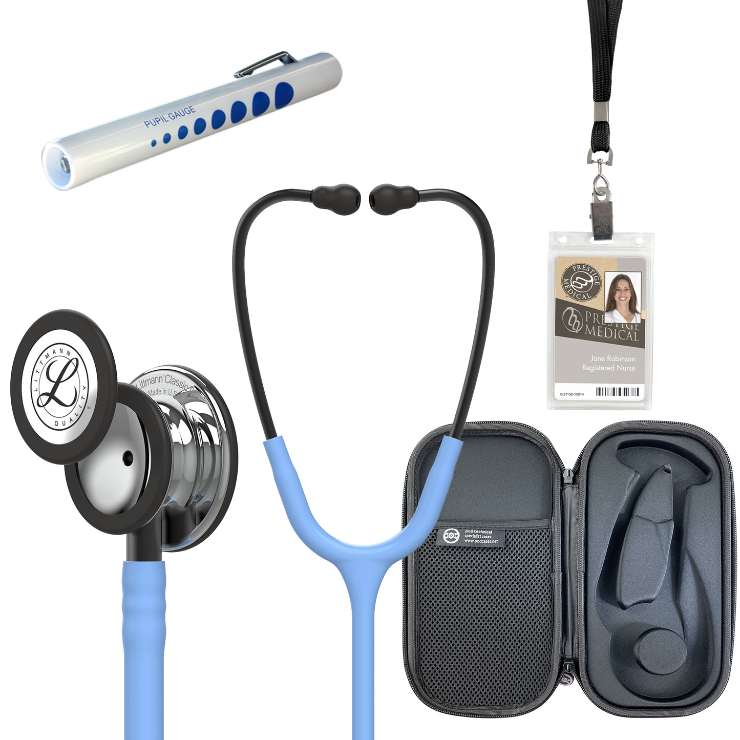 Pre Clinical Kit - Littmann Classic III Stethoscope, All Black Pod Technical Stethoscope Case, Disposable Pen Light & ID Holder