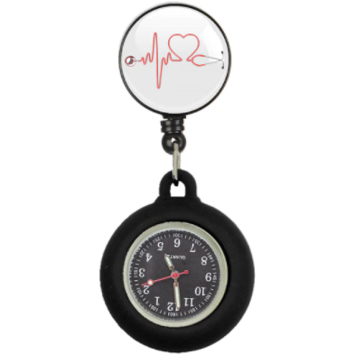 Retractable Nurses Fob Watch - Black Heart Beat/Black Face